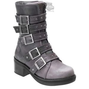 HARLEY-DAVIDSON® Womens Marston Multi Buckle Grey Leather Mid Cut Boot